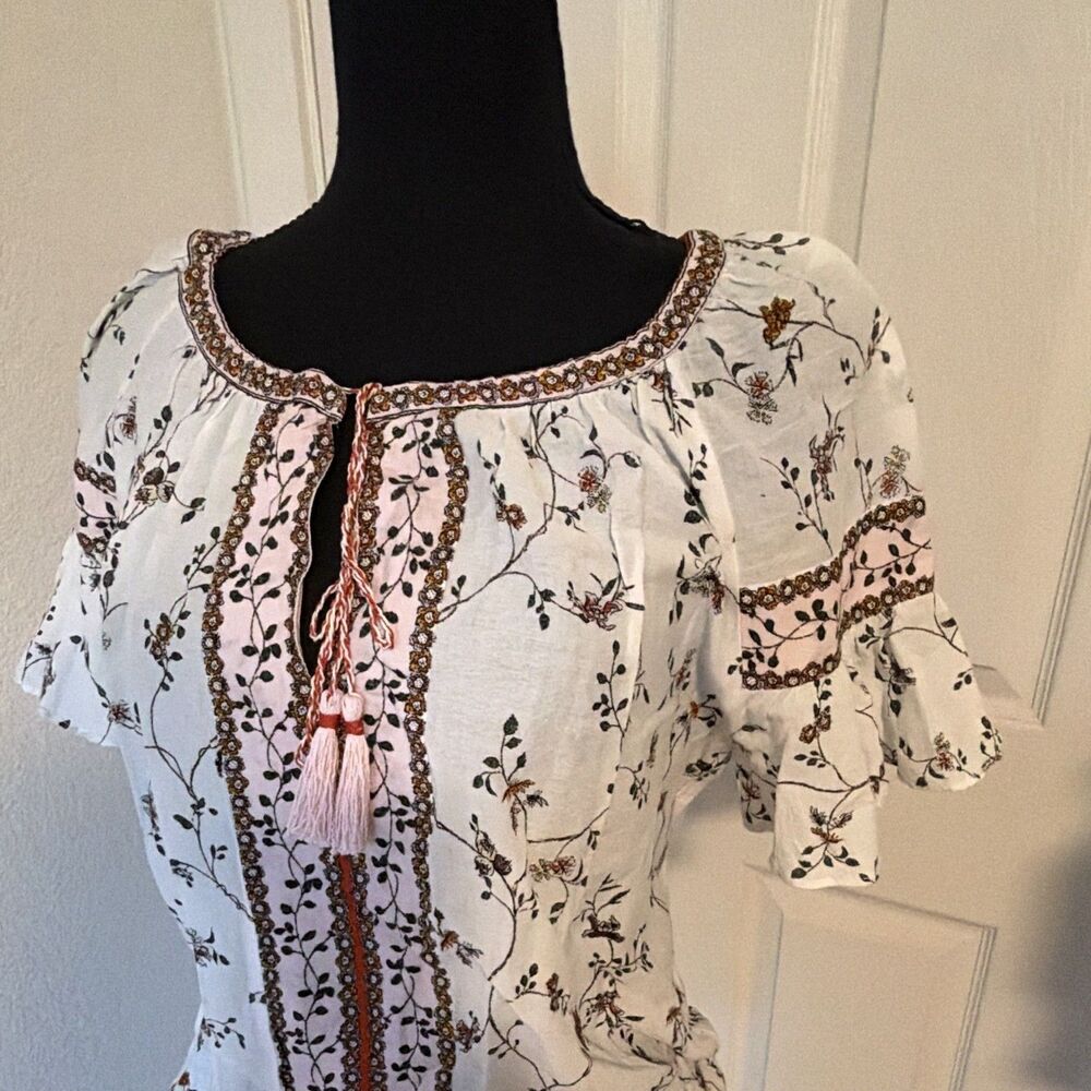 Max Studio Women's Cotton Blouse Size S Tie Front Elastic Waist
